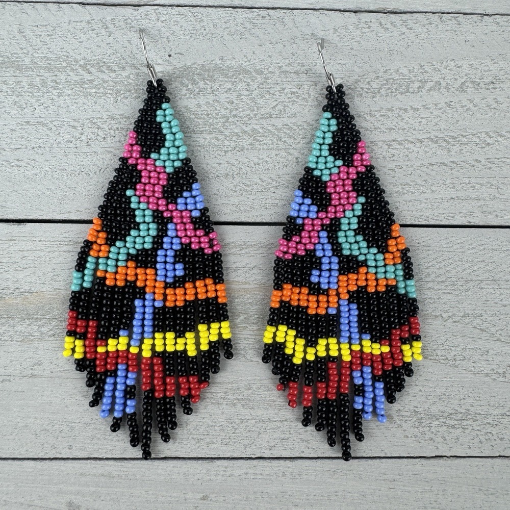Handmade Beaded Fringe Earrings Colorful Geometric Seed Bead Dangle Drop Black